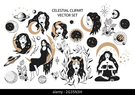 Bohemian woman and planet boho decorative vector logo set. Feminine alchemy icon symbol, tattoo graphic shape design, ethnic sketch. Stock Vector