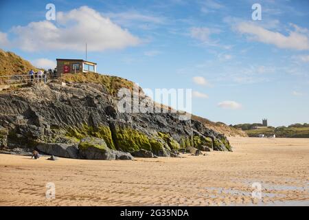 Cornish tourist destination Hayle, in St Ives Bay, Cornwall, England, RNLI Lifeguard Station Stock Photo