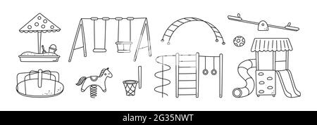 Hand drawn children playground objects. Swing, slide, teeter and sandbox in doodle style. Kid drawing of play ground elements. Vector illustration on Stock Vector