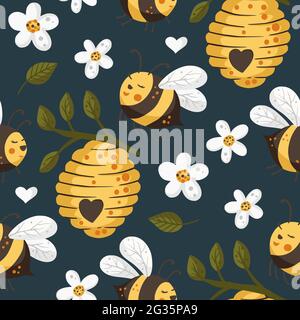 Cute bee insect summer seamless pattern background. Cartoon baby fly nature design with honey beehiveand daisy flower. Vector illustration sweet textile design. Stock Vector