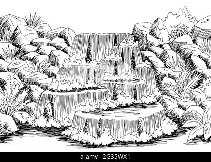Waterfall river landscape vector illustration. Cartoon wild land nature ...