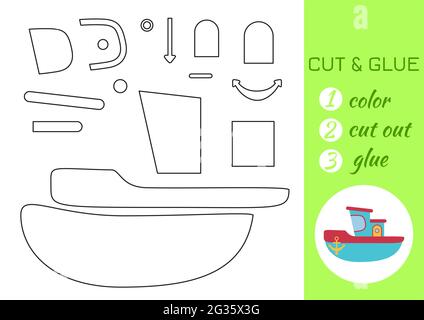 Color, cut and glue paper turquoise ship. Cut and paste craft activity page. Educational game for preschool children. DIY worksheet. Kids logic game, Stock Vector