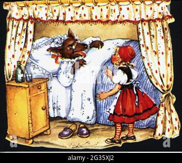 kitsch, glossy prints, Little Red Riding Hood, wolf disguised as grandmother lying in her bed, ADDITIONAL-RIGHTS-CLEARANCE-INFO-NOT-AVAILABLE Stock Photo