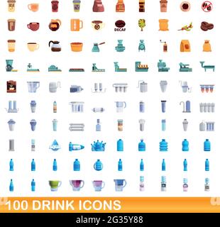 100 drink icons set. Cartoon illustration of 100 drink icons vector set isolated on white background Stock Vector