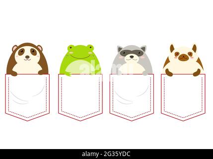 Cute characters in pocket set. Baby collection of cartoon frog, lemur, raccoon in pockets. Childish print with funny animals for t-shirt. T-shirt desi Stock Vector