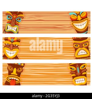 Set of horizontal banners with hawaiian traditional tribal tiki mask and wood texture. Polynesian masks or totems collection. African traditional wood Stock Vector