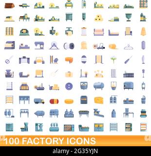 100 factory icons set. Cartoon illustration of 100 factory icons vector set isolated on white background Stock Vector