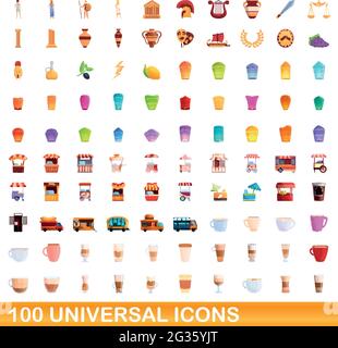 100 universal icons set. Cartoon illustration of 100 universal icons vector set isolated on white background Stock Vector