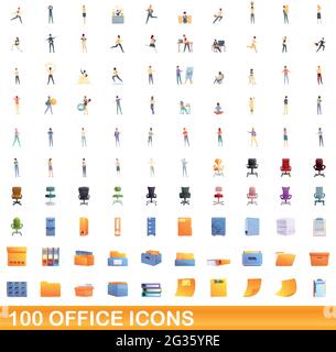 100 office icons set. Cartoon illustration of 100 office icons vector set isolated on white background Stock Vector