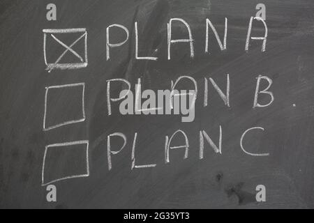 plan A, Plan B and Plan C writing on chalkboard Stock Photo