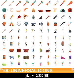 100 universal icons set. Cartoon illustration of 100 universal icons vector set isolated on white background Stock Vector