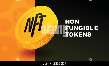 NFT Non Fungible tokens. Flying coin with black background. poster and presentation template vector illustration Stock Vector