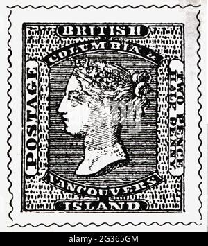 mail, postage stamps, Canada, one penny postage stamp, Vancouver Island, British Columbia, ADDITIONAL-RIGHTS-CLEARANCE-INFO-NOT-AVAILABLE Stock Photo