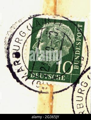postage stamps, Germany, German Federal Post Office, 10 pfennig postage stamp, 1955, ADDITIONAL-RIGHTS-CLEARANCE-INFO-NOT-AVAILABLE Stock Photo