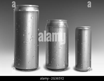 Aluminum cans with water drops isolated on gray background. Metal drink bottles for energy drink, soda beverages or beer. Silver empty mockup models with cold condensation for brand design template. Stock Vector