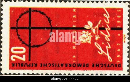 mail, postage stamps, Germany, German mail (DDR), 20 pfennig postage stamp, 20th anniversary of the demolitions of Lidice, EDITORIAL-USE-ONLY Stock Photo