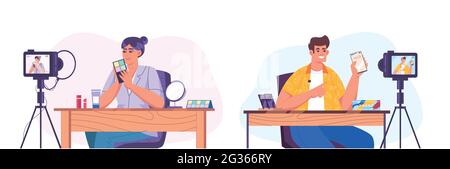 Flat characters making internet content or creating video for vlog channel. Woman vlogger showing cosmetic products in front of camera. Blogger showing gadget and recording review of new mobile phones Stock Vector