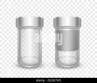 Realistic vector illustration of empty glass jars with metal caps isolated on transparent background. Clean can with silver lid. Packing for sugar, salt, pepper, spices and loose products for kitchen. Stock Vector