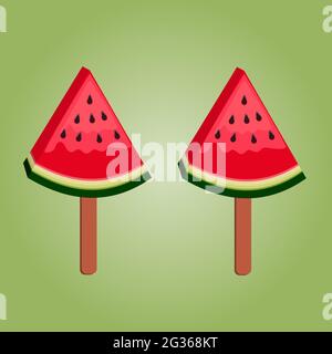 Illustration of two Ice cream on a stick in red ripe watermelon slices in the shape of a triangle on green background Stock Vector