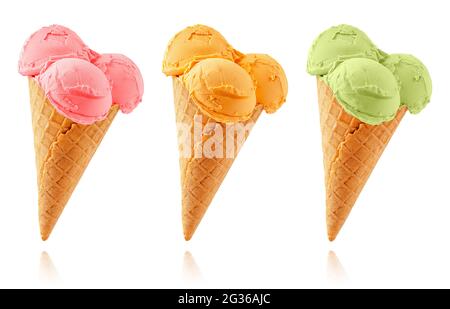 Set of different flavor ice cream cones isolated on white background. Stock Photo