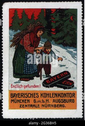 advertising, poster stamps, energy, 'Bayerisches Kohlenkontor GmbH' coal, Munich, circa 1910, ADDITIONAL-RIGHTS-CLEARANCE-INFO-NOT-AVAILABLE Stock Photo