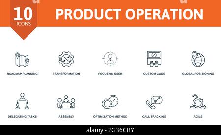 Product Operation icon set. Contains editable icons production management theme such as roadmap planning, focus on yser, global positioning and more. Stock Vector