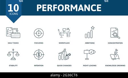 Performance icon set. Contains editable icons productivity theme such as daily tasks, workplace, concentration and more. Stock Vector