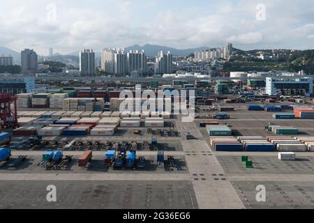 Busan, South Korea - June 30, 2016: A container terminal in Busan, South Korea Stock Photo