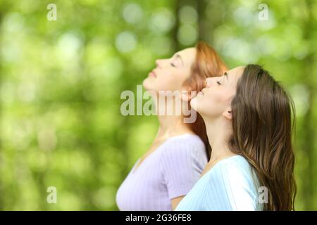 Profile of two women breathing fresh air in a forest or park Stock Photo