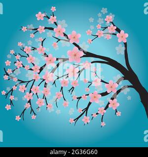 A branch with pink flowers. Based on a cherry blossom or sakura. The background is a turquoise gradient. Stock Vector