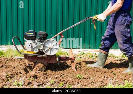 Farmer plows the land with a cultivator. Agricultural workers with tractors. Motor cultivator for tillage in the garden. Plantings vegetables. Stock Photo