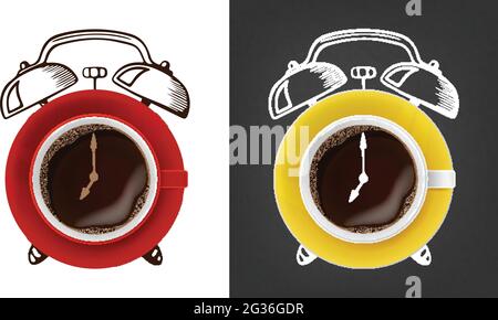 Stylized coffee cup alarm clock in two version. Vector illustration. Stock Vector