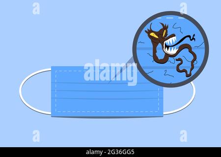 Scary worm monster on a protective face mask. Dangerous parasite fantastic animal. Stock Vector