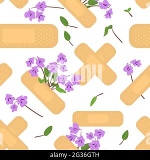 Seamless pattern with sticking plasters and purple flowers. Medical patch repeat texture. Stock Vector