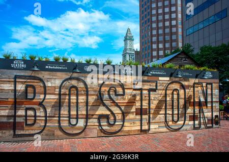 Giant letters at sign at City Hall Plaza welcome you to Boston Massachusetts New England North America USA Stock Photo