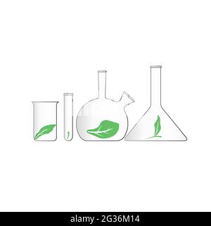 The concept of studying ecology in laboratory chemical flasks. Biotechnological scientific background. Green leaf symbol. Stock Vector