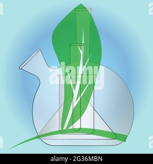 The concept of studying ecology in laboratory chemical flasks. Biotechnological scientific background. Green leaf symbol. Stock Vector