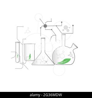 The concept of studying ecology in laboratory chemical flasks. Biotechnological scientific background. Green leaf symbol. Stock Vector