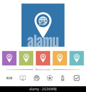 International route GPS map location flat white icons in square backgrounds. 6 bonus icons included. Stock Vector