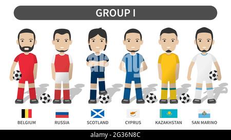 European soccer cup tournament qualifying draws 2020 and 2021 . Group I . Football player with jersey kit uniform and national flag . Cartoon characte Stock Vector