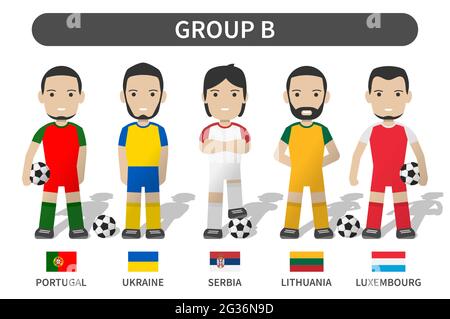European soccer cup tournament qualifying draws 2020 and 2021 . Group B . Football player with jersey kit uniform and national flag . Cartoon characte Stock Vector