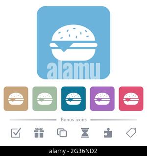 Single cheeseburger white flat icons on color rounded square backgrounds. 6 bonus icons included Stock Vector