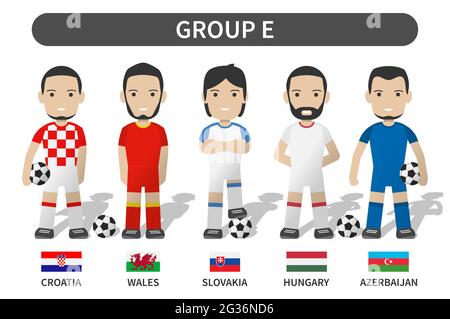 European soccer cup tournament qualifying draws 2020 and 2021 . Group E . Football player with jersey kit uniform and national flag . Cartoon characte Stock Vector