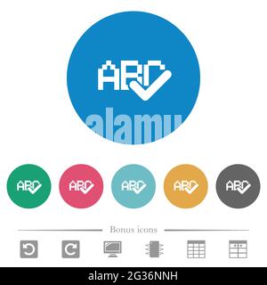 Spell check flat white icons on round color backgrounds. 6 bonus icons included. Stock Vector
