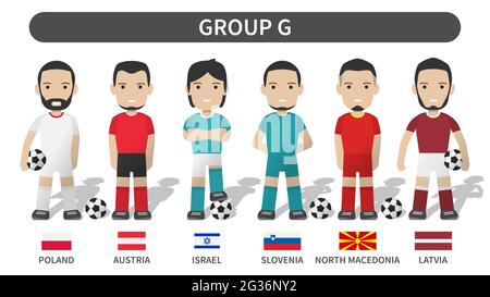 European soccer cup tournament qualifying draws 2020 and 2021 . Group G . Football player with jersey kit uniform and national flag . Cartoon characte Stock Vector