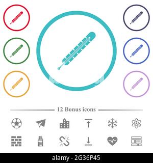 Fever thermometer flat color icons in circle shape outlines. 12 bonus icons included. Stock Vector