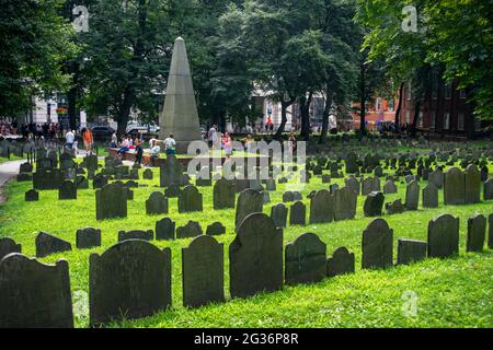 Rows of 18th century tombstones in the historic King's Chapel cemetery Burying Ground, Tremont Street, Boston, Massachusetts, United States. Stock Photo