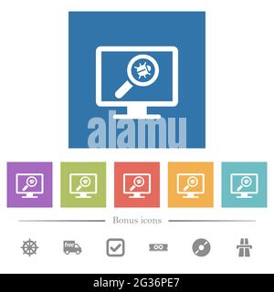 Virus scanning on computer flat white icons in square backgrounds. 6 bonus icons included. Stock Vector