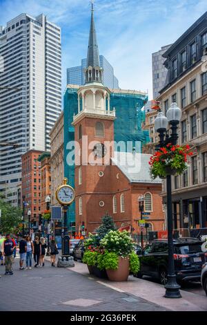 The Transcript building and Clock of Jewelers Building and Old South Meeting House, Washington Street, Boston.  The Old South Meeting House is a histo Stock Photo