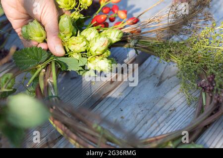 autumn wreath is made from collected natural materials Stock Photo